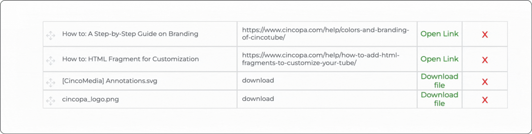 drag and drop to reorder the file and links
